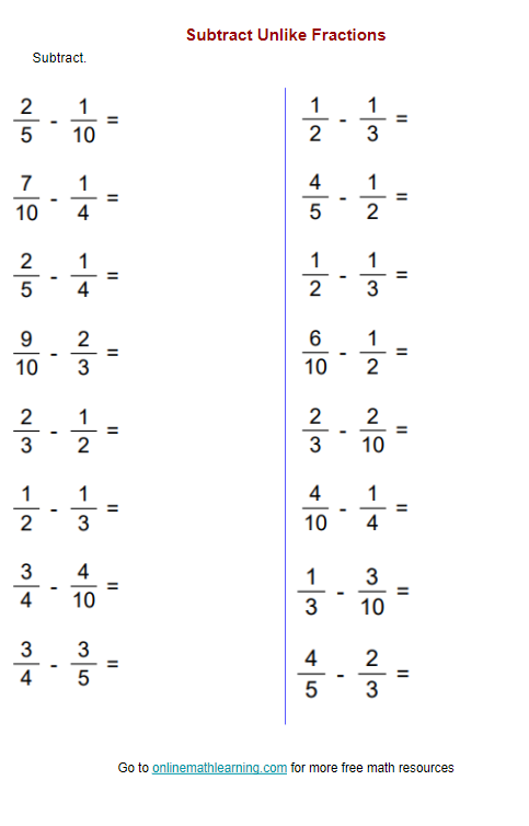 Subtracting Fractions With Unlike Denominators Worksheets Fraction 