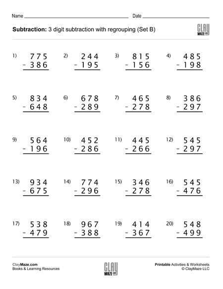 Subtraction Worksheet 3 Digit Subtraction With Regrouping Set B