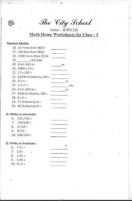 The City School Worksheet For Class 3 English Maths Science S S T 