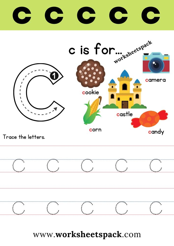 The Letter C Is For C Worksheet With An Image Of A Castle And Other Objects
