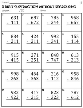 Three Digit Subtraction Without Regrouping Worksheets By Owl School Studio