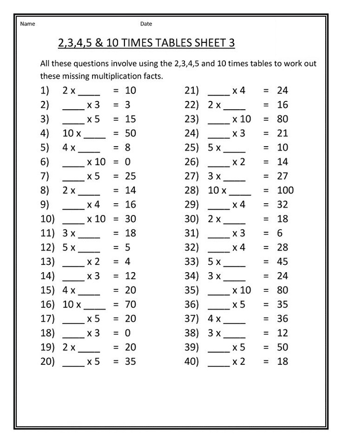 Times Table Sheet Free