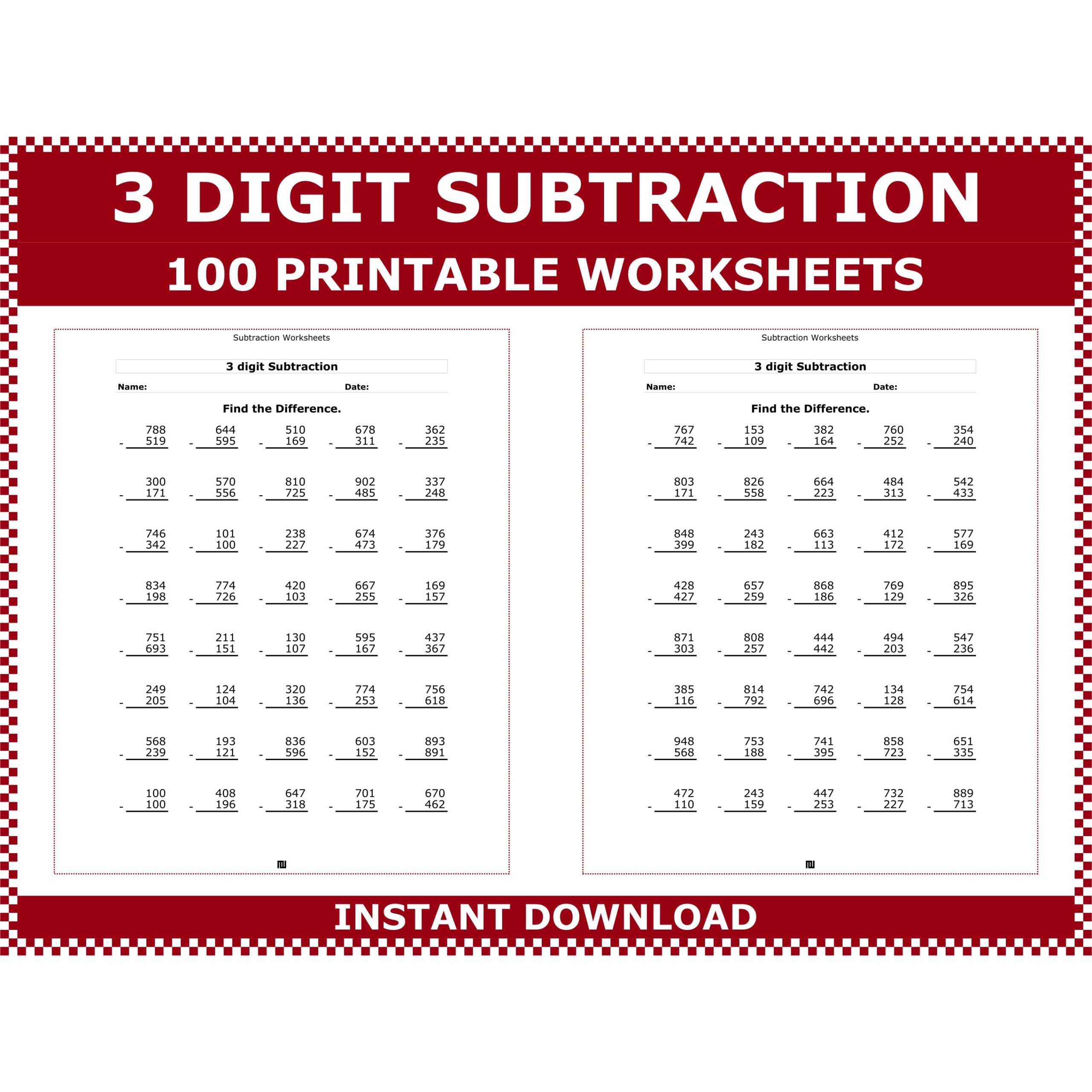 Triple Digit Subtraction Worksheets 99Worksheets Worksheets Library