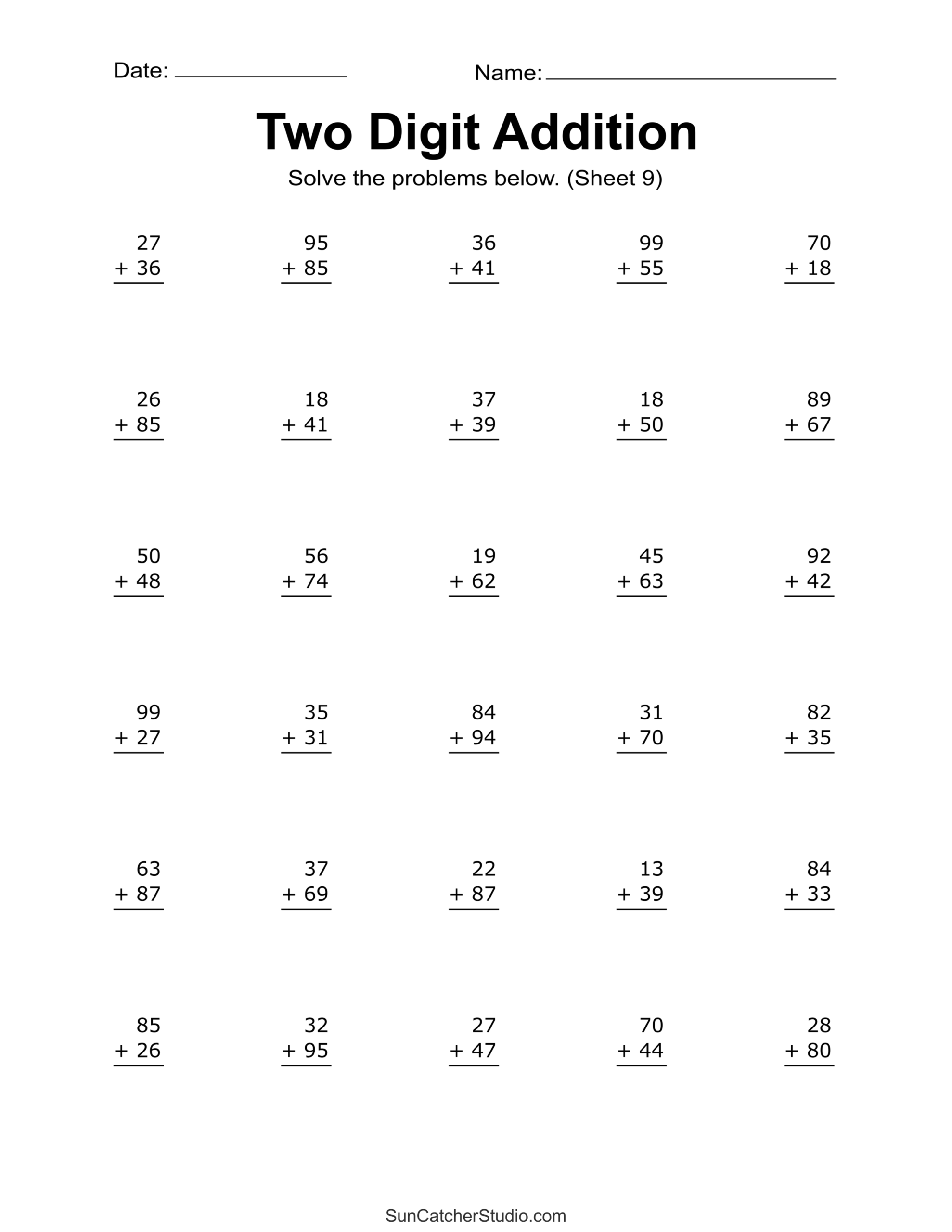 Two Digit Addition Worksheets Printable 2 Digit Problems Free 