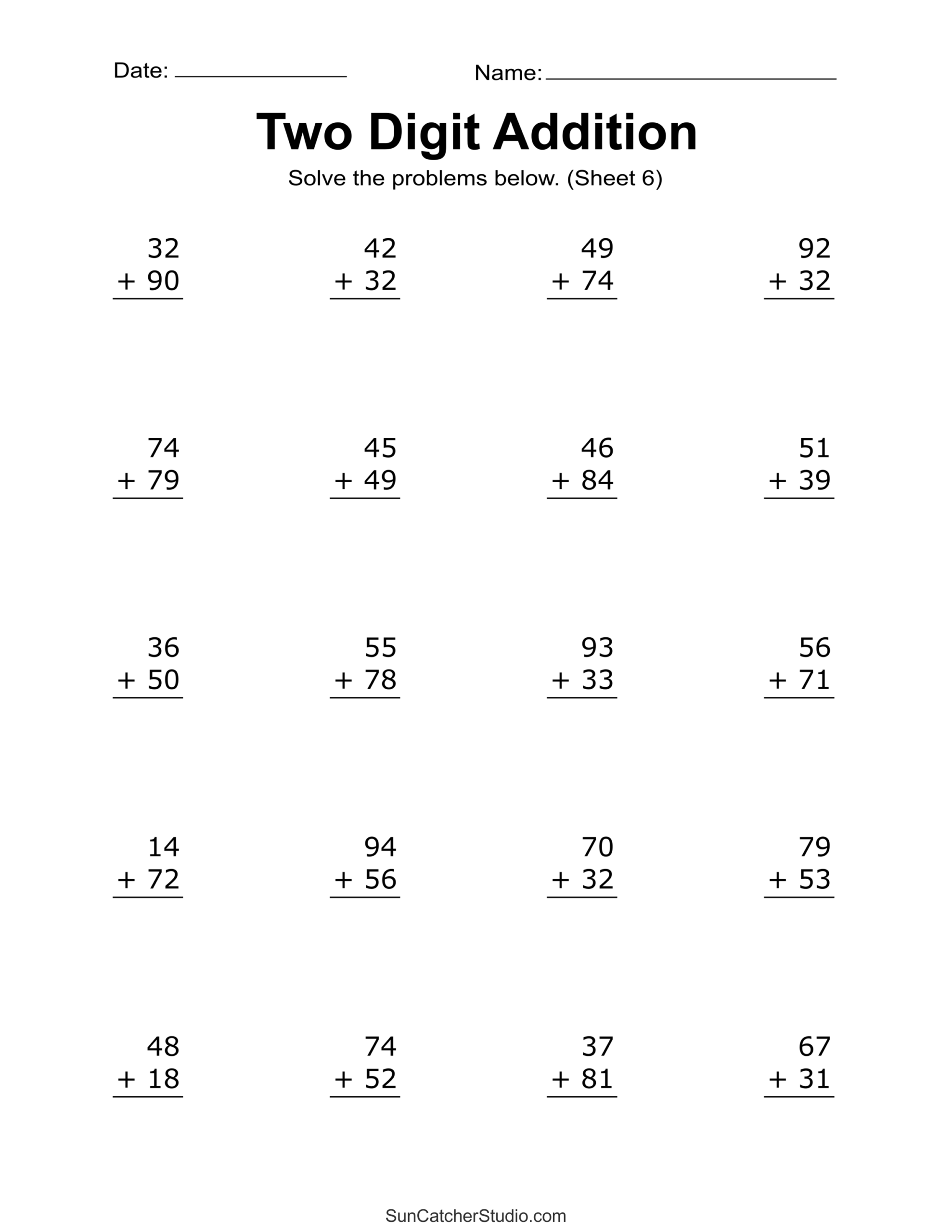 Two Digit Addition Worksheets Printable 2 Digit Problems Free 