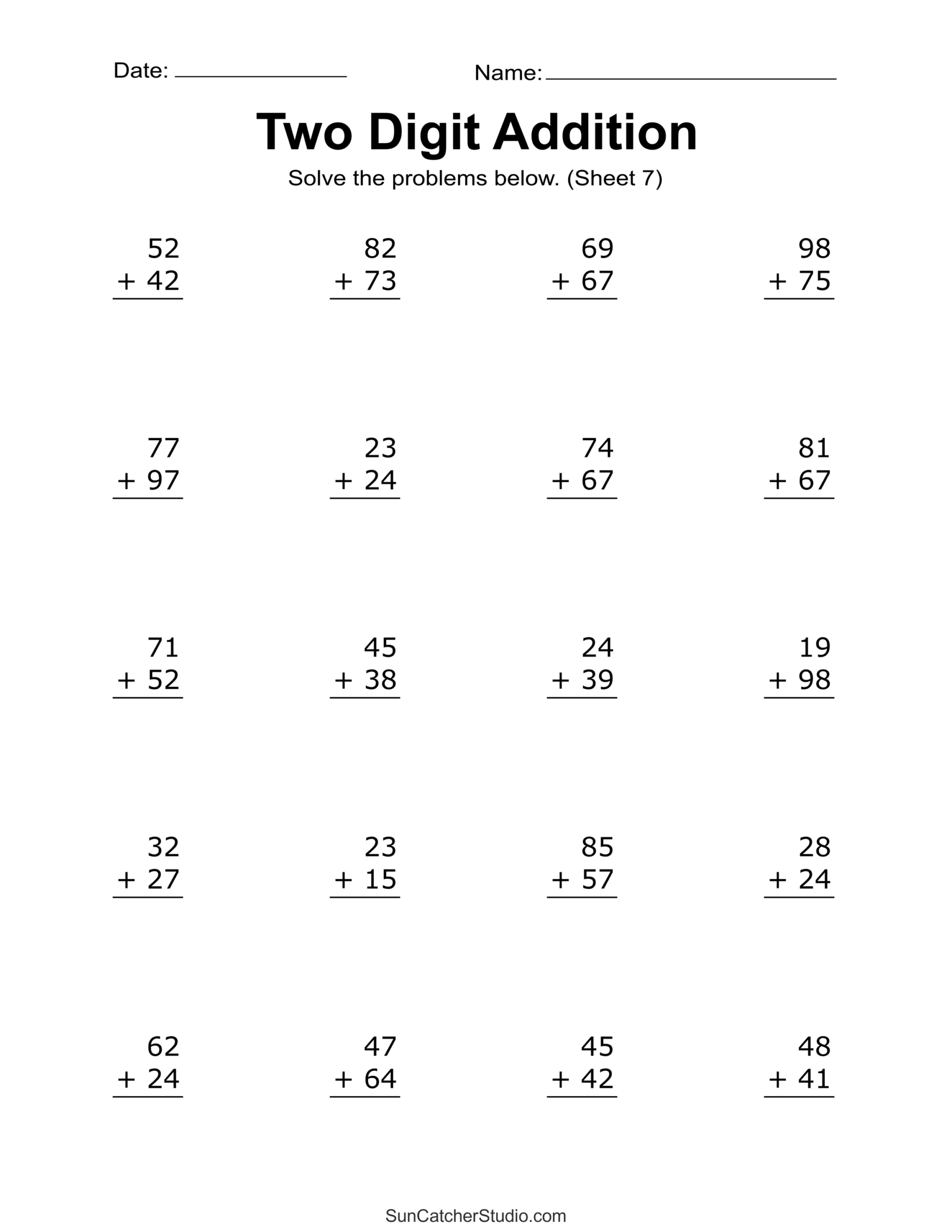 Two Digit Addition Worksheets Printable 2 Digit Problems Free 