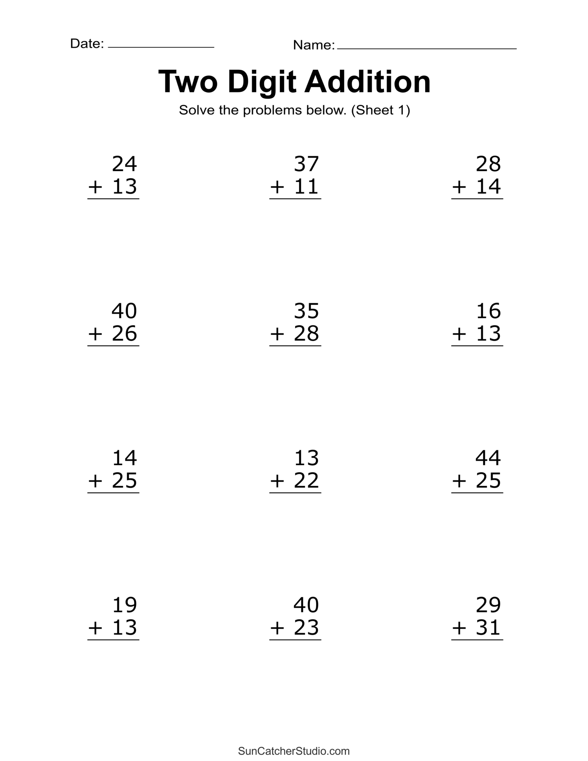 Two Digit Addition Worksheets Printable 2 Digit Problems Free Two Digit Addition Worksheets Printable 2 Digit Problems Free