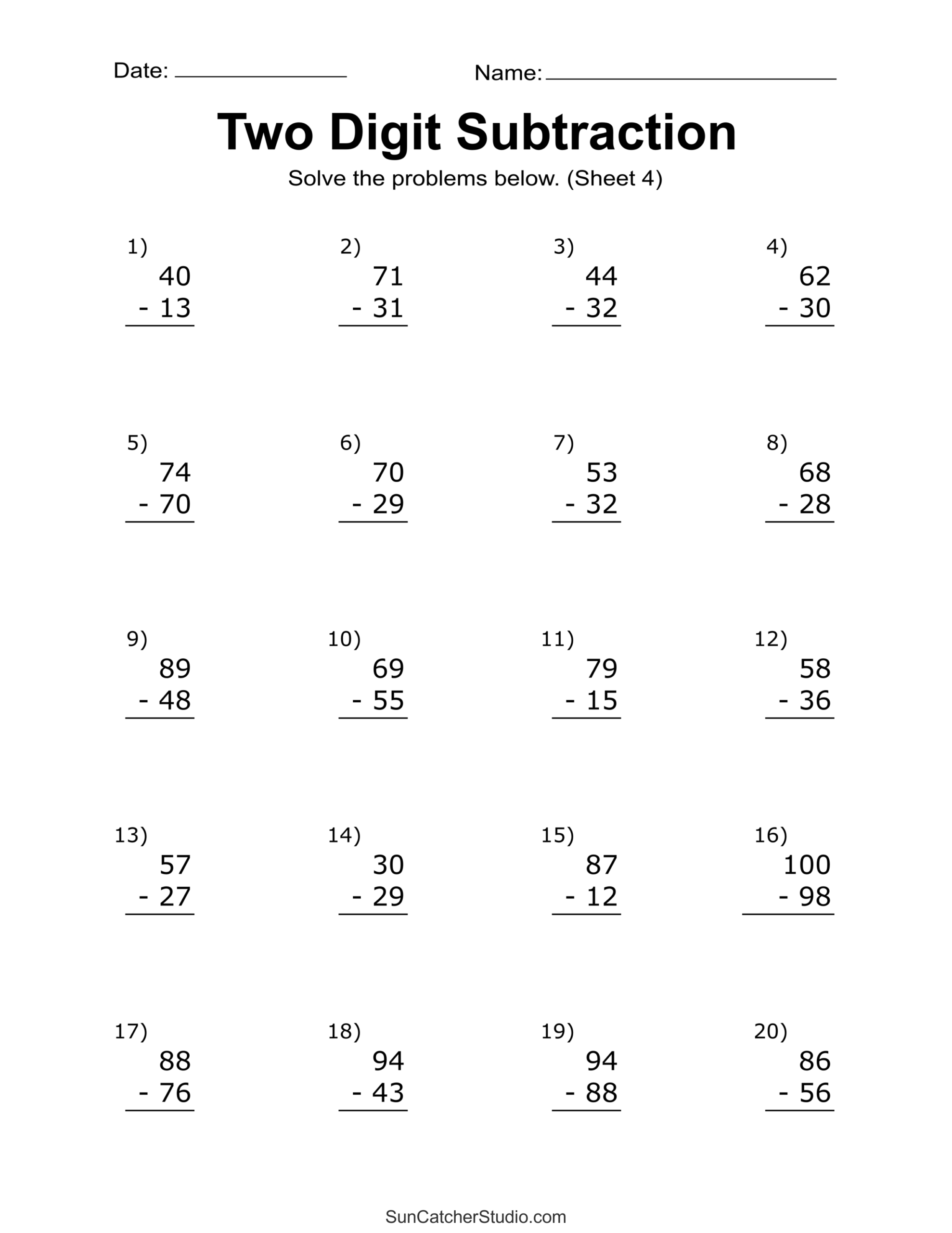 Two Digit Subtraction Worksheets Printable Math Drills Free 