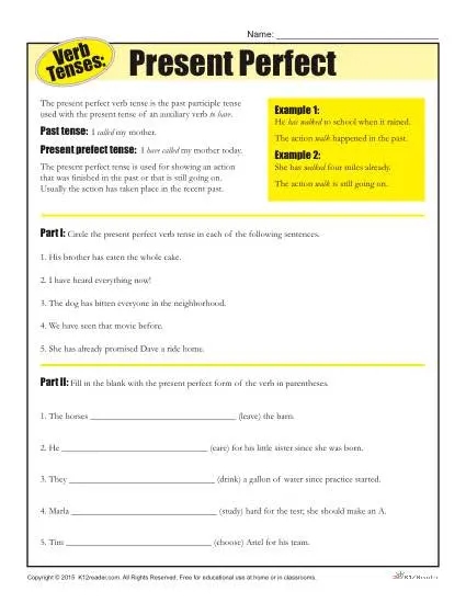 Verb Tense Worksheets Present Perfect
