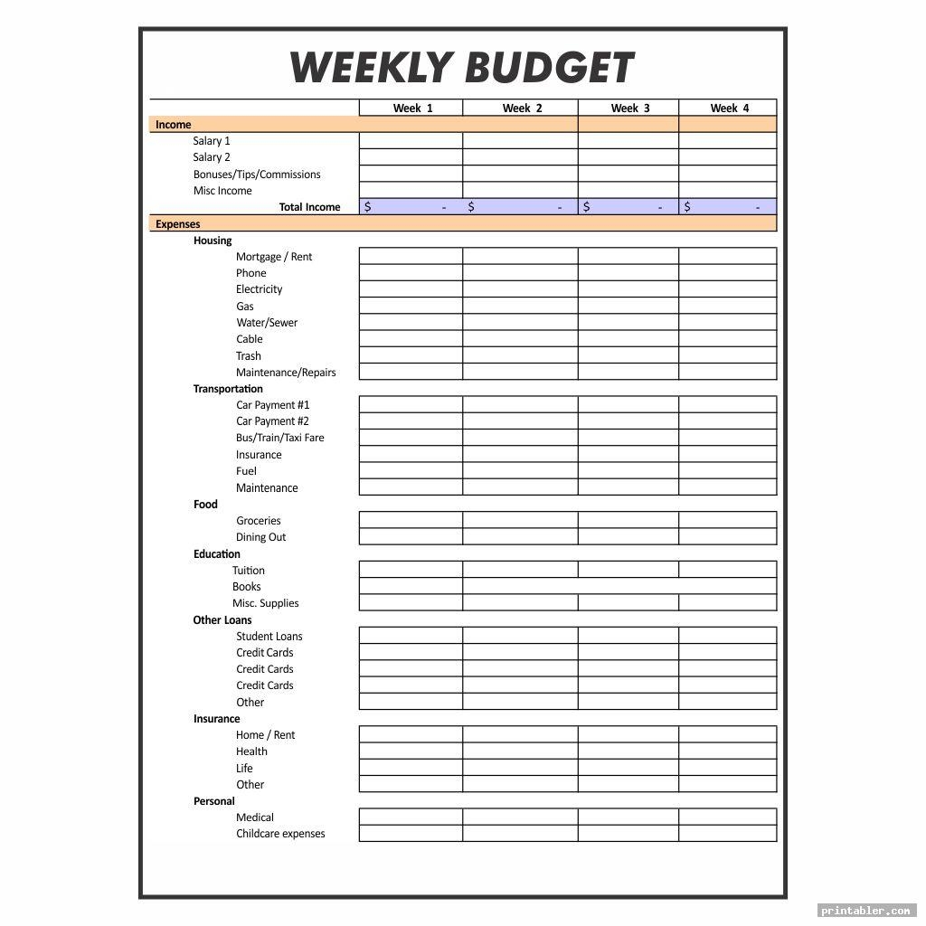 Weekly Budget Worksheet Printable Gridgit