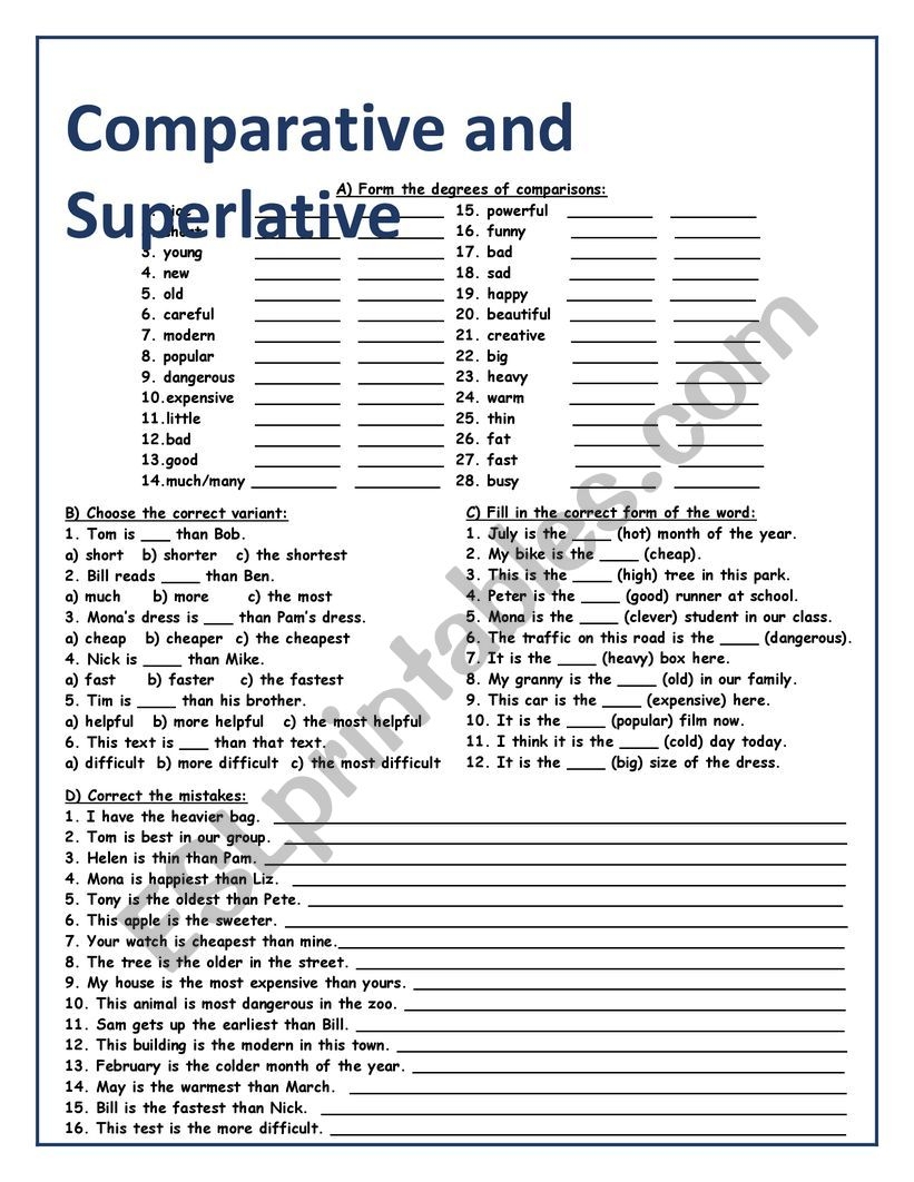 Worksheet Comparative And Superlative Adjectives Printable Worksheets