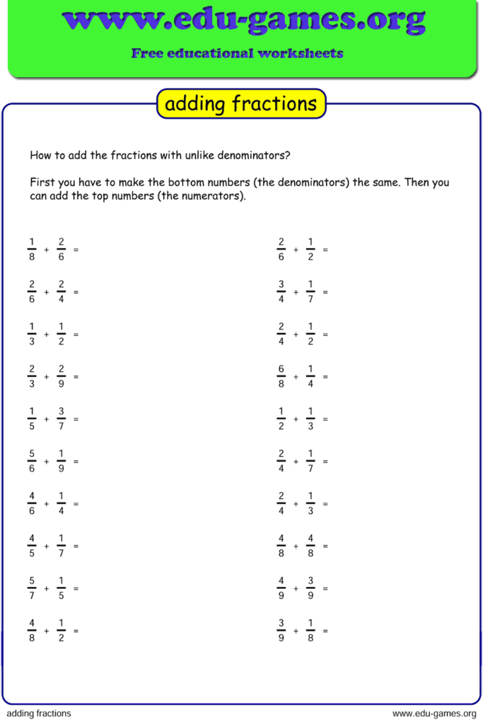 Worksheets For Adding Fractions FractionsWorksheets